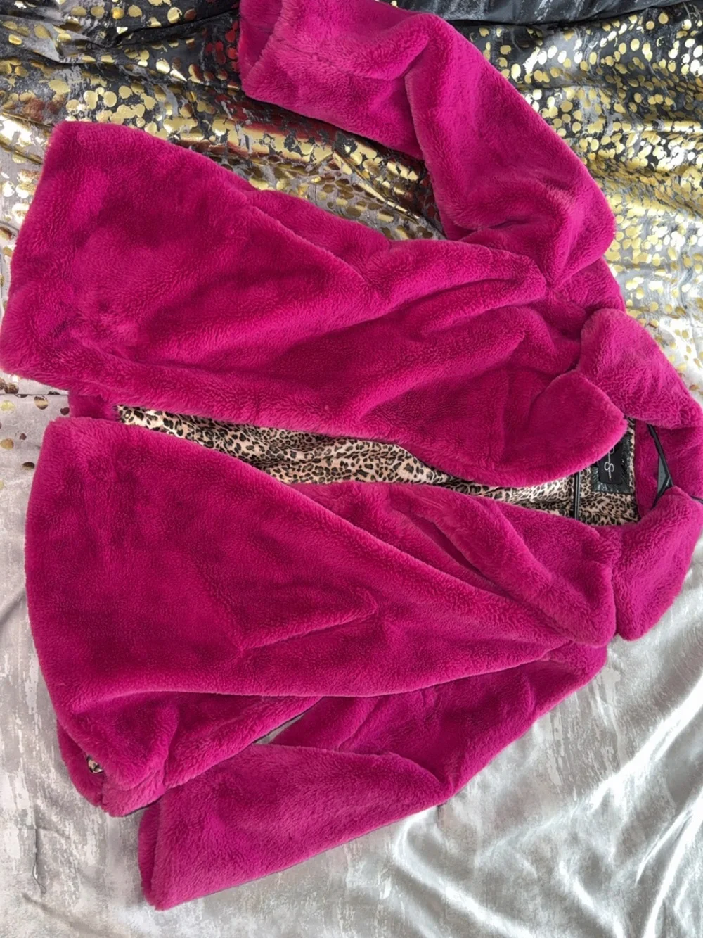 Betsey Johnson Fuchsia Plush Pea Coat with Leopard Lining